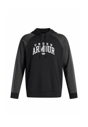 Sort hætte sweatshirt med en frontkængurulomme, grå detaljer på ærmerne og "UNDER ARMOUR" tekst i hvidt på brystet.