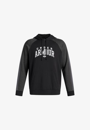 Black hooded sweatshirt featuring a front kangaroo pocket, gray accents on the sleeves, and "UNDER ARMOUR" text in white across the chest.