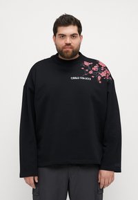 Black sweatshirt featuring a high neckline, long sleeves, and floral embroidery in pink on one shoulder. "CARLO COLUCCI" logo printed on the front.