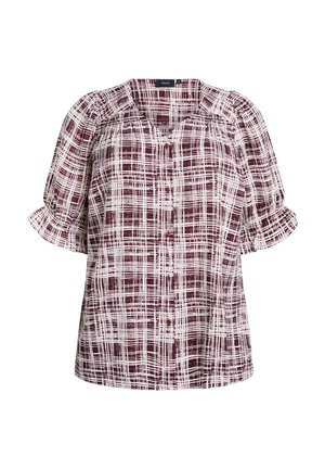 Napapaita dengan lengan pendek bengkak dan manset ruffled, menampilkan pola kisi abstrak putih dan marun.