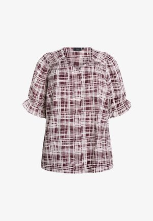 Napapaita dengan lengan pendek bengkak dan manset ruffled, menampilkan pola kisi abstrak putih dan marun.