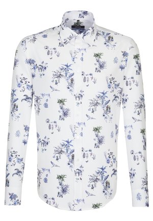 Weißes Langarmhemd mit einem blauen und grünen botanischen Muster, das verschiedene Pflanzen und Tiere zeigt, aus glattem Stoff mit Knöpfen.