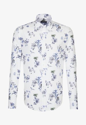 Weißes Langarmhemd mit einem blauen und grünen botanischen Muster, das verschiedene Pflanzen und Tiere zeigt, aus glattem Stoff mit Knöpfen.
