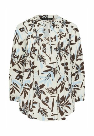 Langärmlige Bluse mit schwarzem und hellblauem Blumenmuster auf cremefarbenem Hintergrund, mit gebundenem Ausschnitt und gerafften Bündchen.