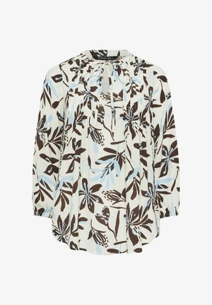 Langärmlige Bluse mit schwarzem und hellblauem Blumenmuster auf cremefarbenem Hintergrund, mit gebundenem Ausschnitt und gerafften Bündchen.