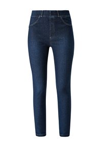 Tmavě modré džíny s vysokým pasem, slim-fit, s předními kapsami, poutky na opasek a kontrastním prošíváním, vystavené na bílém pozadí.