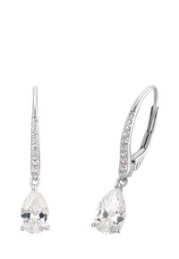 Silverhängande örhängen med päronformade klara ädelstenar och små runda stenar infattade längs krokarna, visade mot en vit bakgrund.