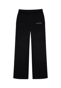 Schwarze weite Hose aus weichem Stoff mit einem elastischen Bund. Sie hat ein kleines pinkes Logo auf der unteren linken Vorderseite.
