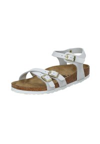 Sandali bianchi in pelle con due cinghie regolabili, fibbie dorate, una soletta in sughero marrone e una suola in gomma bianca.