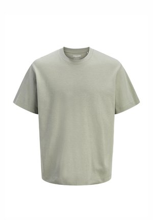 Lichtgrijs T-shirt met korte mouwen en ronde hals, een losse pasvorm, een eenvoudig design en een zichtbaar merklabel aan de binnenkant van de kraag.