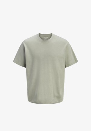 Lichtgrijs T-shirt met korte mouwen en ronde hals, een losse pasvorm, een eenvoudig design en een zichtbaar merklabel aan de binnenkant van de kraag.