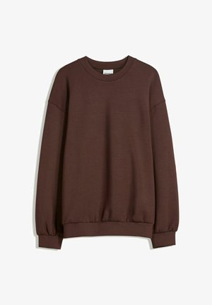 Brun sweatshirt tillverkad av mjukt material, med rund hals, sänkta axlar och ribbade muddarna och nederkant för en avslappnad passform.