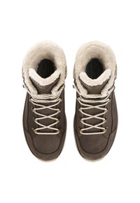 Bruine leren wandelschoenen met een imitatiebont voering, crèmekleurige accenten en beige veters. Voorzien van hardware in goudkleur en een gestructureerde zool.