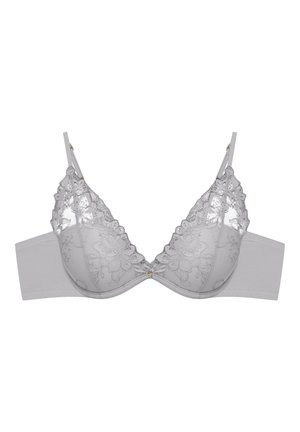 Gray lace bra featuring a floral design, adjustable straps, and a smooth back band. Made with a blend of lace and soft fabric.