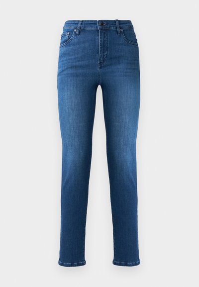 Blauwe denim jeans met een rechte pijp, voorzien van een knoop- en ritssluiting, zijzakken en subtiele vervaging op de bovenbenen.