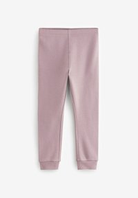Lyserøde ribbede leggings med en tætsiddende pasform, der har elastisk talje og manchetter, lavet af blødt, strækbart materiale for komfort.