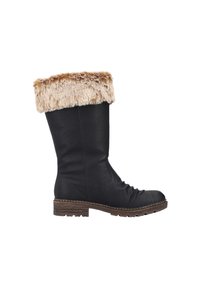 Bota de cuero negro hasta la rodilla con un borde de pelaje sintético marrón texturizado, con forma moldeada y un tacón bajo apilado, que presenta costuras en contraste.