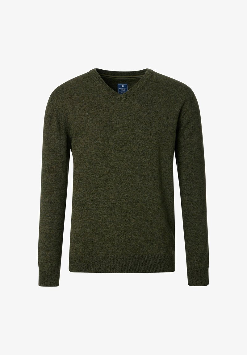 Grüner V-Ausschnitt-Pullover mit langen Ärmeln, aus weichem Strickstoff gefertigt. Verfügt über ein dezentes strukturiertes Muster sowie gerippte Bündchen und Saum.