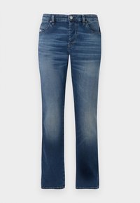 Donkerblauwe denim jeans met een rechte pijp, voorzien van zijzakken, subtiele vervaging en een klassieke knoopsluiting bij de taille.