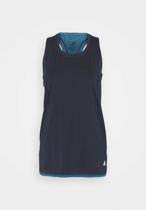 Marineblauw atletisch tanktop met een ronde hals, racerback ontwerp en een teal accent bij de zoom; gemaakt van lichtgewicht, vochtafvoerend materiaal.