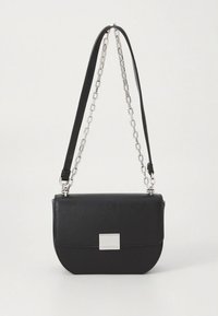 Black faux leather crossbody bag with silver chain strap, rectangular shape, and a silver rectangular hardware accent on the front.