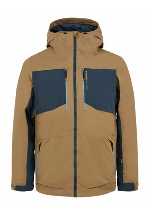 Brown and navy jacket with a hood, featuring zippered pockets, a smooth texture, and perforated details on the upper chest. Accented with blue zippers.