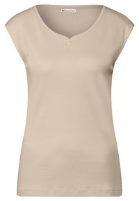 Beige krátký rukáv top vyrobený z měkkého materiálu, s kulatým výstřihem a dvěma předními knoflíky. Hladká textura s přiléhavým střihem.