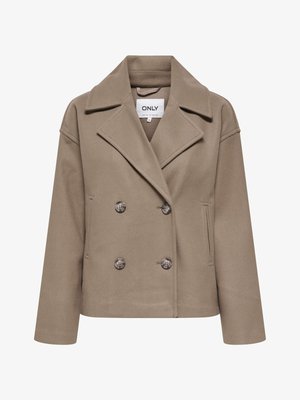Taupekleurig double-breasted jas van een wolmix met brede revers, twee zijzakken en knoopsluiting, met het merkembleem "ONLY" aan de binnenkant van de kraag.