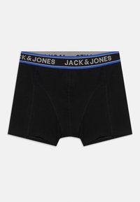 Zwarte boxershorts met een platte tailleband voorzien van de tekst "JACK & JONES" in grijs en blauw. Gemaakt van een zachte, rekbare stof.