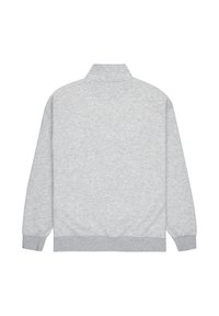 Grijze sweatshirt met een hoge kraag, geribbelde mouwen en zoom. De stof heeft een zachte textuur en een egaal, eenvoudig uiterlijk.