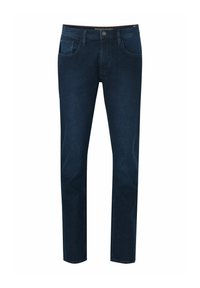 Mörkblå denimjeans med rak benform, som har en klassisk femficksdesign och knapplåsning. Slät textur med subtil blekning.