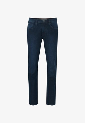 Granatowe dżinsy o prostym kroju, z klasycznym układem pięciu kieszeni i zapięciem na guzik. Gładka tekstura z delikatnym wyblakaniem.