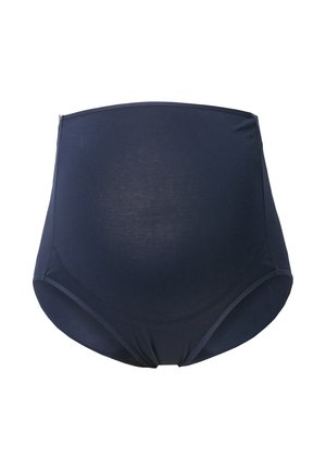 Těhotenské spodní prádlo s vysokým pasem v námořnické modři, které zcela zakrývá břicho, navržené pro pohodlí a podporu během těhotenství.