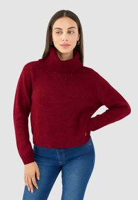 Maglione bordeaux lavorato a maglia con dolcevita a coste, vestibilità ampia e sottili decorazioni lungo lo scollo. Abbinato a jeans blu.