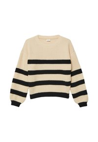 Sweter dzianinowy w kremowym kolorze z wyrazistymi czarnymi paskami, z okrągłym dekoltem i lekko bufkami na długich rękawach. Tkanina o fakturze z prążkowanymi mankietami.