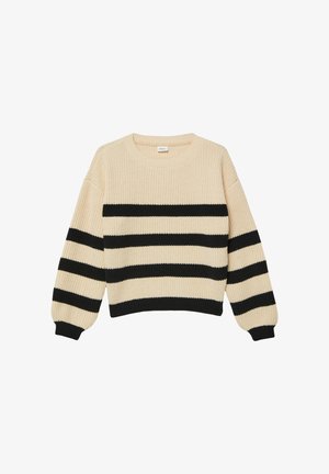 Gestrickter Pullover in Creme mit markanten schwarzen Streifen, mit rundem Ausschnitt und leicht aufgeblasenen langen Ärmeln. Strukturierter Stoff mit gerippten Bündchen.