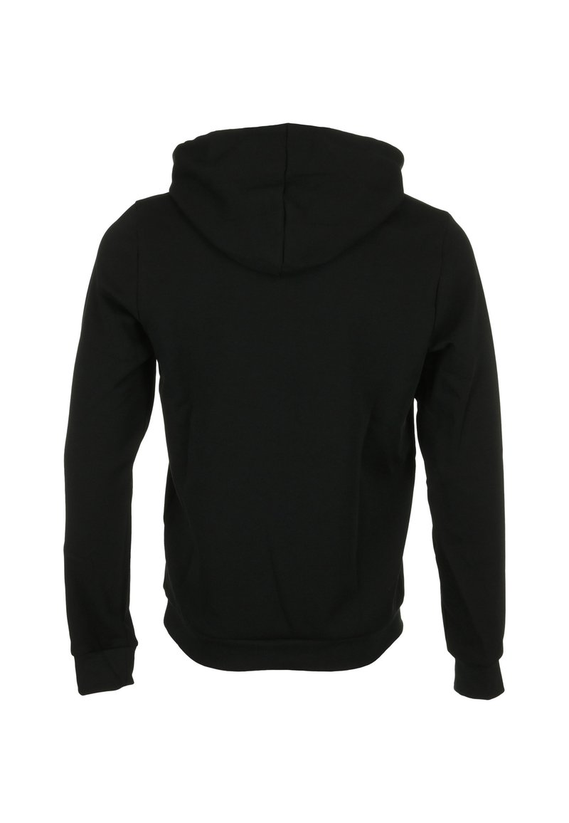 Sudadera negra de manga larga con bolsillo canguro en la parte frontal, mostrada desde la parte trasera sobre un fondo blanco.