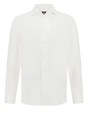 Camisa blanca de manga larga hecha de tejido ligero, con un cuello clásico, cierre frontal de botones y un dobladillo ligeramente curvado.