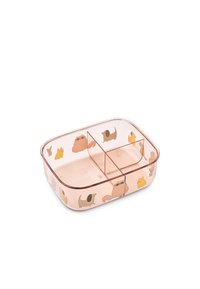 Rectangular glass lunch box with a pink-tinted lid, featuring cartoon dog illustrations in various colors. Contains three compartments.