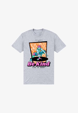 Graues Baumwoll-T-Shirt mit einem bunten Grafikdesign, das einen abstrakten Charakter zeigt, sowie dem Text "Sei freundlich, das Leben ist kurz" in pinker Schrift.