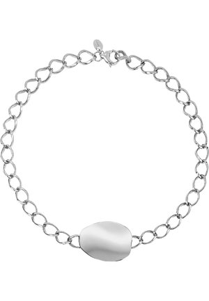 Srebrna bransoletka łańcuszkowa z wydłużonymi owalnymi ogniwami, gładkim owalnym elementem centralnym oraz zapięciem typu lobster zapewniającym bezpieczne mocowanie.