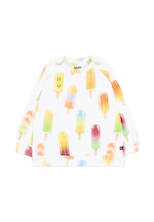 Camicia bianca a maniche lunghe con stampe colorate di ghiaccioli e barrette di gelato in stile acquerello in giallo, arancione, verde, viola e blu.