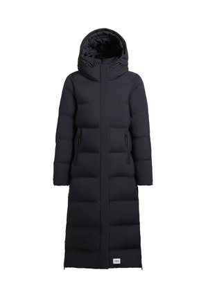 Long black puffer coat with a hood, featuring horizontal quilting, side zip pockets, and a subtle logo patch at the hem. Smooth texture.