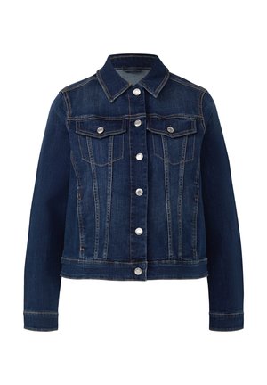 Veste en denim bleu foncé avec un col, fermeture à boutons sur le devant, deux poches poitrine et des coutures contrastées discrètes sur les épaules et les côtés.
