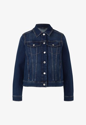 Tamsiai mėlynas džinsinis švarkas su apykakle, priekine sagų uždarymo sistema, dviem krūtinės kišenėmis ir subtiliais kontrastingais siūlais ant pečių ir šonų.