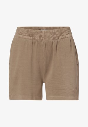 Beige, textured shorts with an elastic waistband and side pockets. The fabric has a subtle check pattern and a relaxed fit.