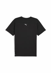 Černé sportovní tričko s krátkým rukávem a malým bílým logem Puma na horní části zad, s jednoduchým a minimalistickým designem.