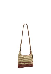 Borsa a tracolla con corpo intrecciato beige e marrone e lunga tracolla in pelle marrone, piccoli accenti metallici vicino agli attacchi della tracolla.