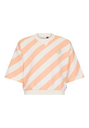 Kurzärmliges, kurz geschnittenes Sweatshirt mit breiten diagonalen Streifen in Pfirsich und Weiß sowie kleinem, gesticktem Logo auf der Brust.