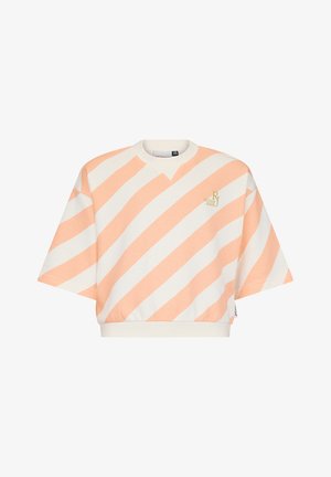 Sweat-shirt court à manches courtes avec larges rayures diagonales pêche et blanches et petit logo brodé sur la poitrine.